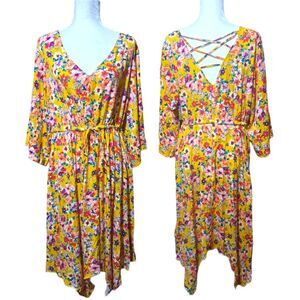 Torrid Women's Yellow Floral Handkerchief Hem Dress Short Sleeves Plus Sz 2X